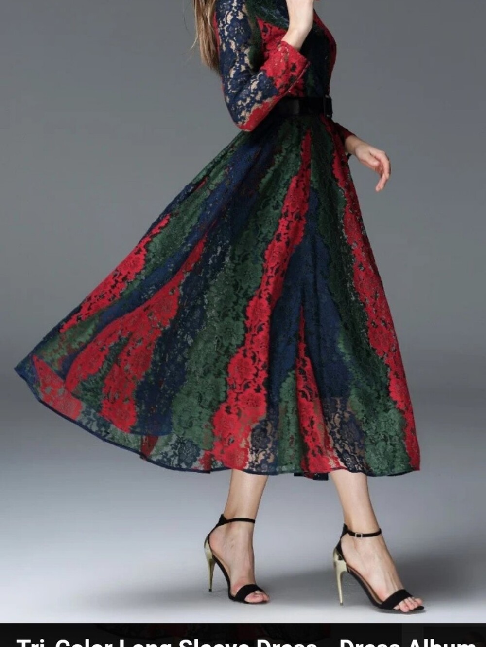 Dress Album Red,Blue  & Green Lace Long Sleeve Dress with Gold Buttons